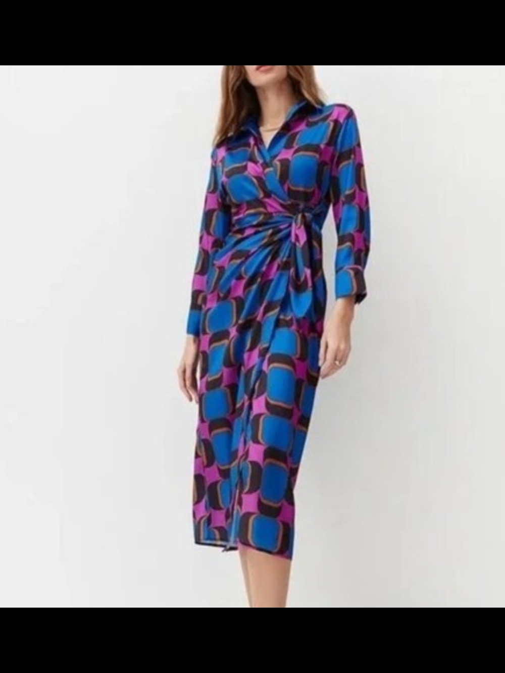 Zara Retro Blue & Purple Geometric Print Satin Wrap Midi Dress. Size  XS
